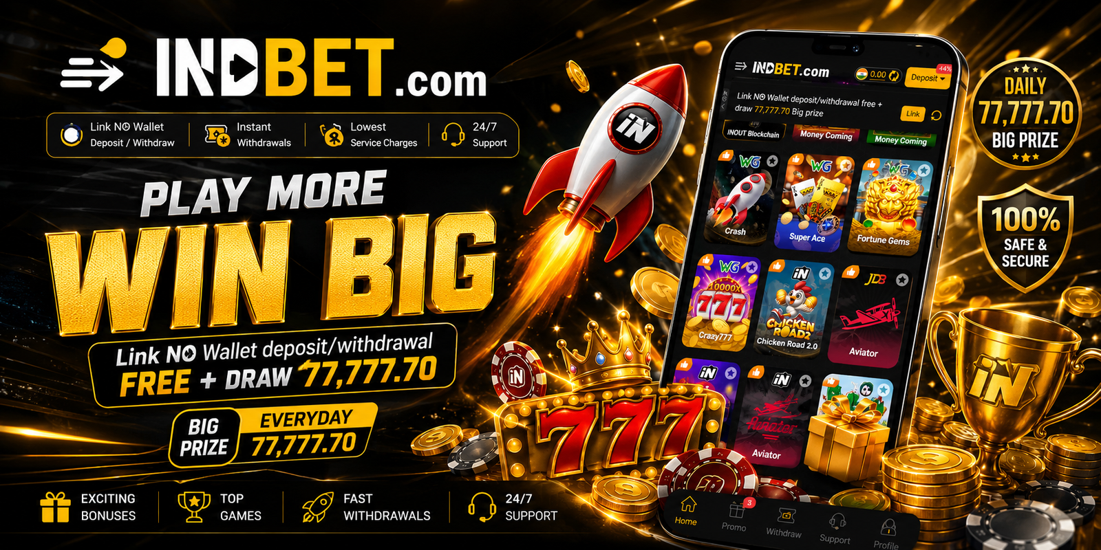 IndBet promotion: play more, win big, daily ₹77,777.70 prize draw, ₹10,000 welcome bonus, instant withdrawals